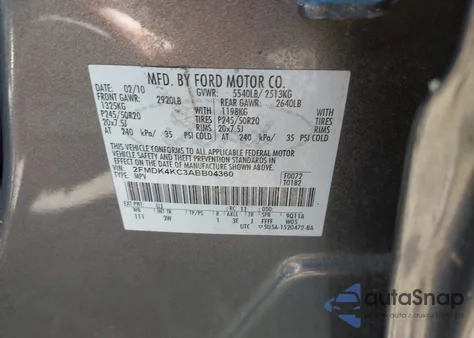 2010 Ford Edge Limited z USA, uszkodzony, nr VIN 2FMDK4KC3ABB04360